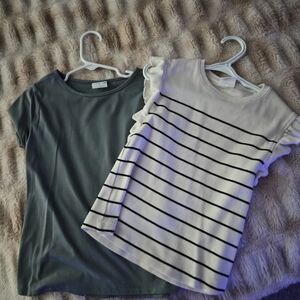 Zara Olive Green Tee & White Black-Striped Ruffle Sleeve Top